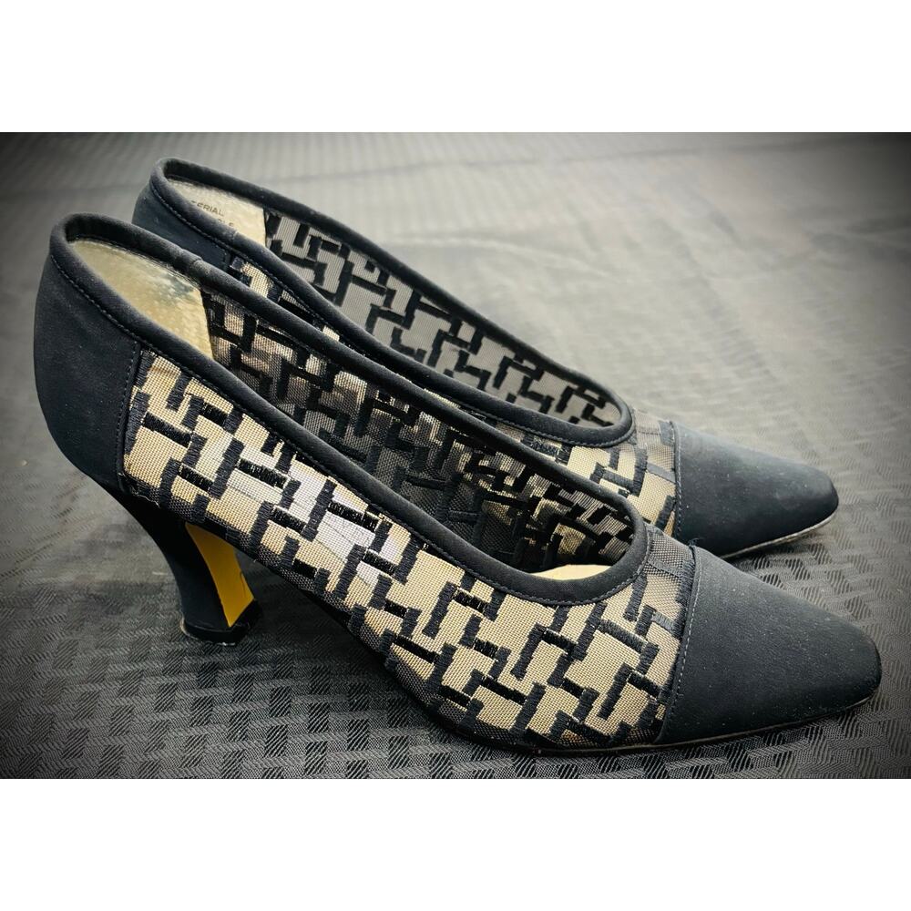 Valerie Steven Black Mesh Designer Pumps, Women's Size 7
